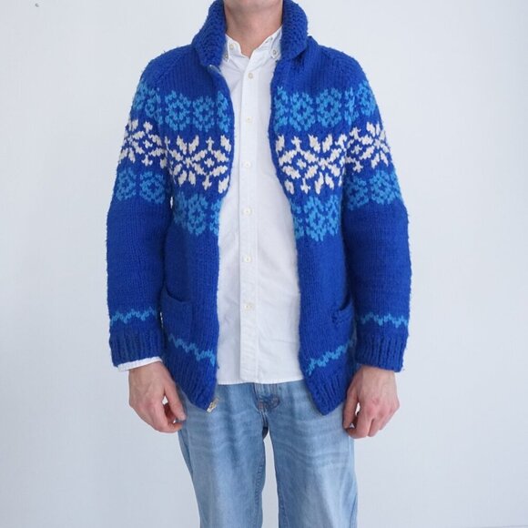 Vintage '70S Blue White Thick Heavyweight Wool Winter Zip Up Cardigan Sweater S - Picture 1 of 9